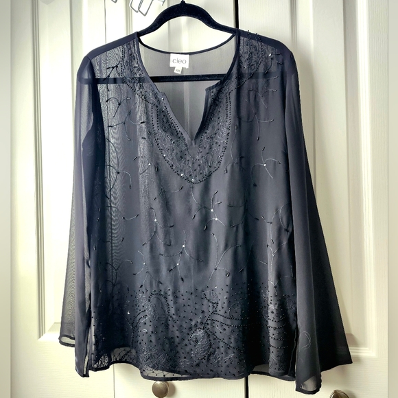 Cleo black Sheer beaded blouse, Bohemian beaded blouse, Size M - Picture 2 of 15
